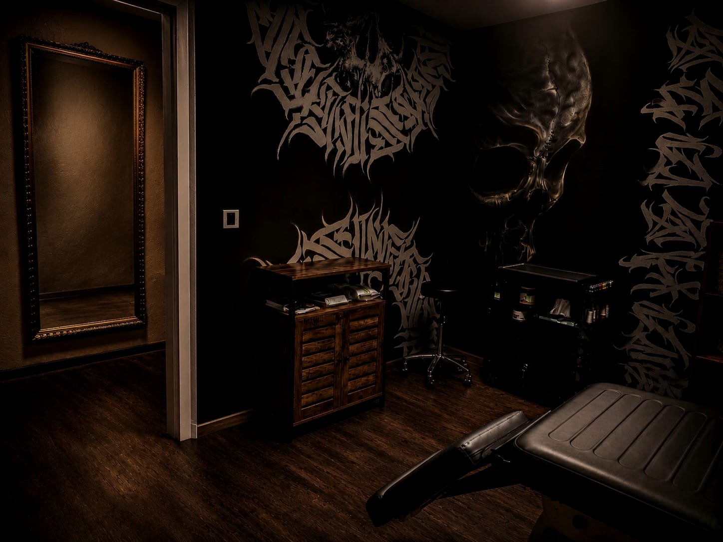 Dunkler Tattoo-Arbeitsraum im ANSATSU Atelier mit Wandgestaltung und Liege